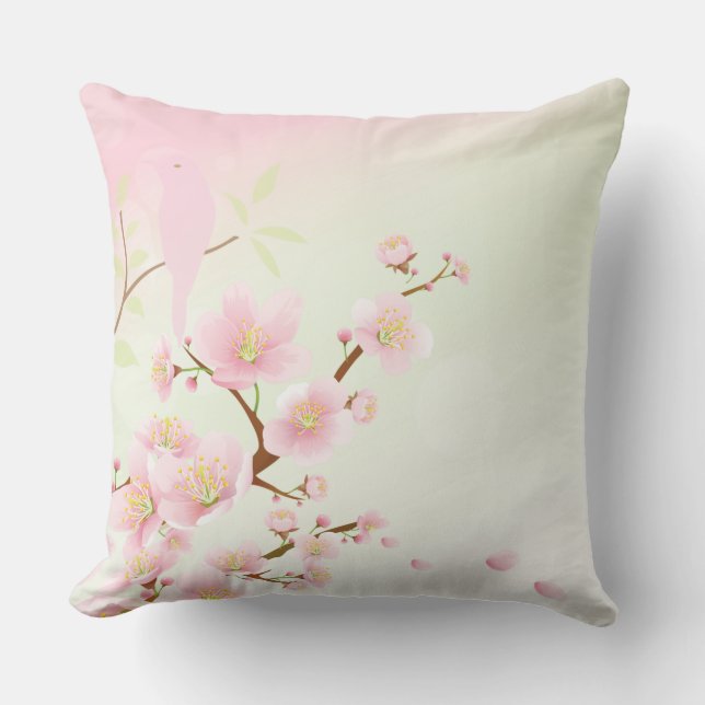 Pretty Asian Pink Cherry Blossom Bird Floral Cushion (Front)