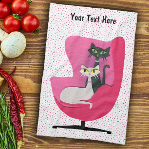 Pretty Atomic Cats in Mid Century Pink Chair Dots Tea Towel