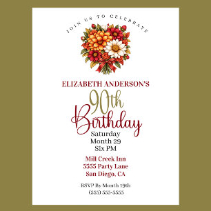 Pretty Autumn Flower Bouquet 90th Birthday Invitation