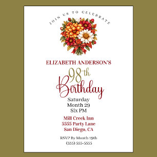 Pretty Autumn Flower Bouquet 98th Birthday Invitation