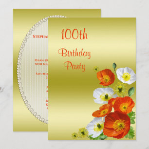 Pretty Autumn Poppies 100th Birthday Party Invitation