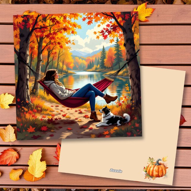 Pretty Autumn Scene with Woman and Dog Holiday Card (Creator Uploaded)