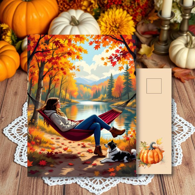 Pretty Autumn Scene with Woman and Dog Postcard (Creator Uploaded)