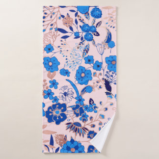 Pretty Azure Blue Blush Pink Floral Illustration Bath Towel