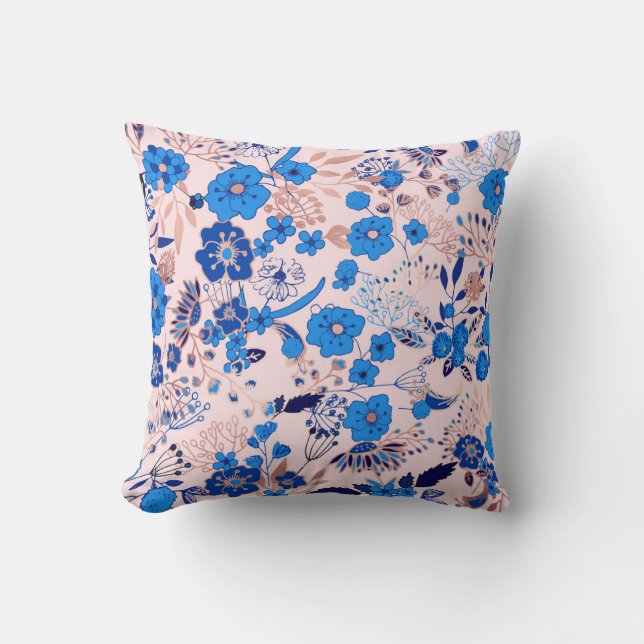 Pretty Azure Blue Blush Pink Floral Illustration Cushion (Front)