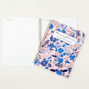 Pretty Azure Blue Blush Pink Floral Illustration Planner