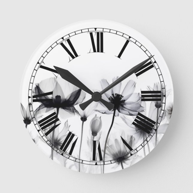 Pretty B&W X-Ray Flowers Round Clock (Front)