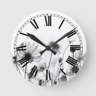 Pretty B&W X-Ray Wildflowers Round Clock