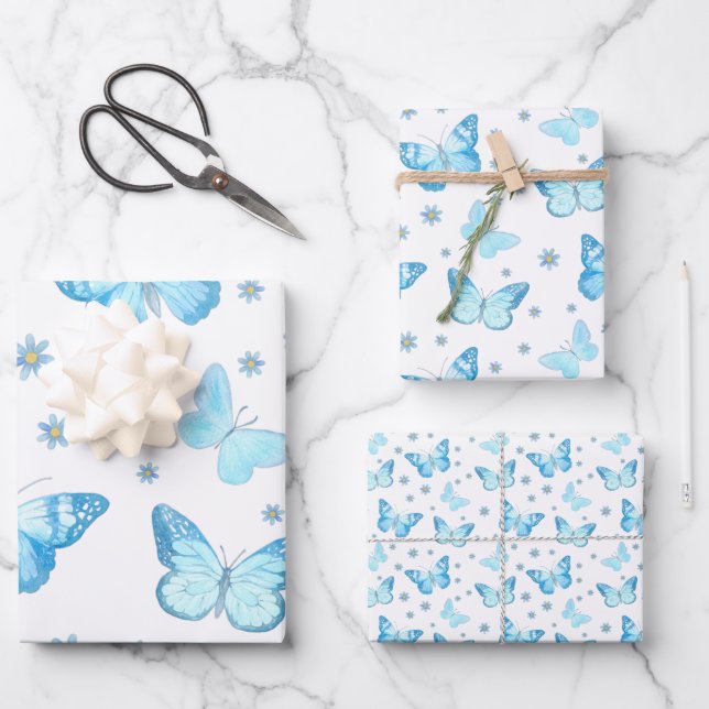 Pretty Baby Blue Butterfly Floral Pattern Design Wrapping Paper Sheet (Front)