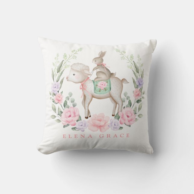 Pretty Baby Bunny & Lamb Easter Baby Girl Nursery Cushion (Front)