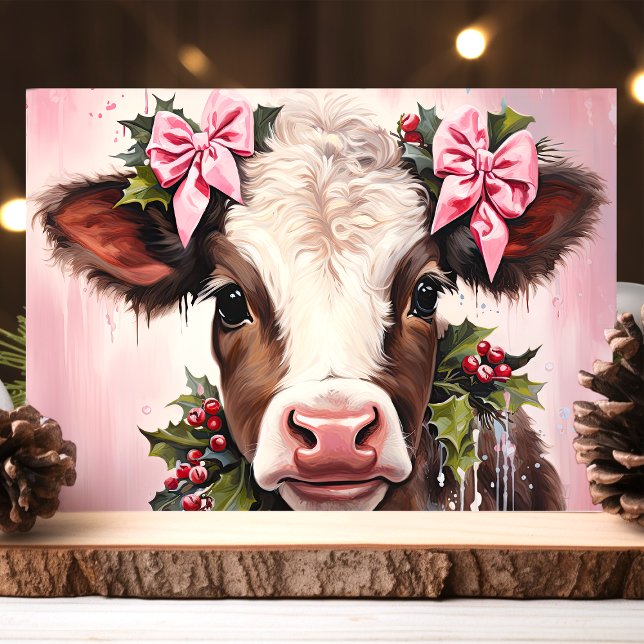  Pretty Baby Cow with Pink Bows Christmas Holiday Card (Creator Uploaded)