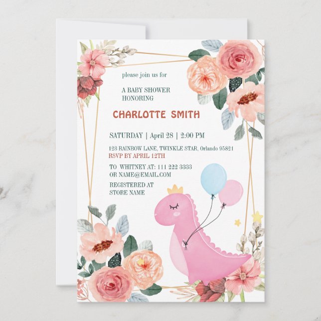 Pretty  Baby dinosaur crown balloon gradient water Invitation (Front)