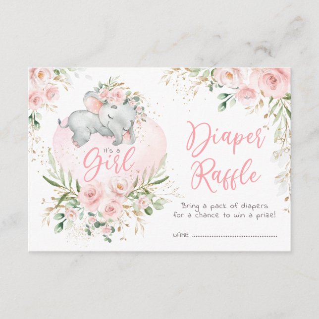 Pretty Baby Elephant Blush Roses Diaper Raffle Enclosure Card (Front)