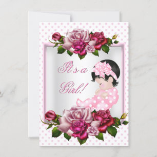 Pretty Baby Shower Cute Girl Pink Roses Polka Dots Invitation