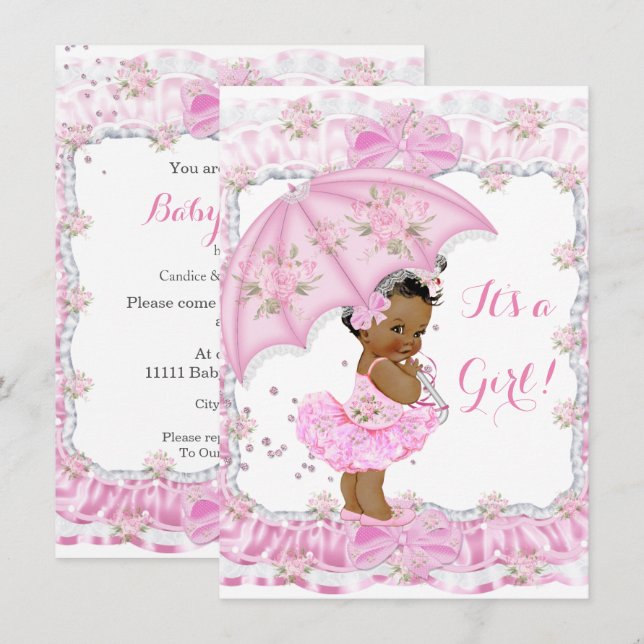 Pretty Baby Shower Girl Floral Pink Ethnic Invitation (Front/Back)