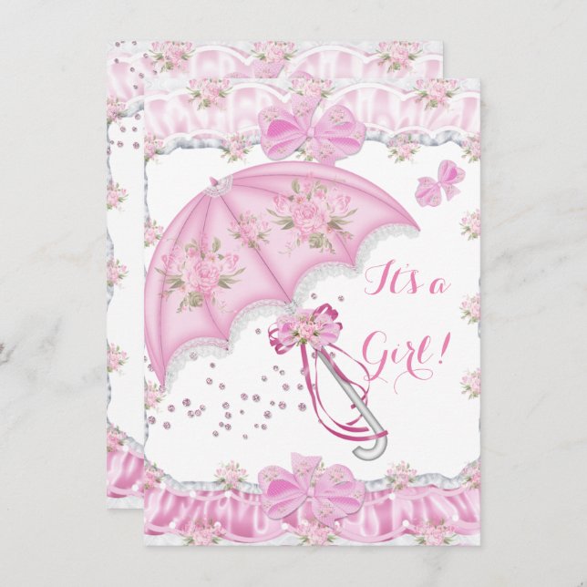 Pretty Baby Shower Girl Floral Pink Umbrella Invitation (Front/Back)