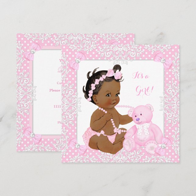 Pretty Baby Shower Girl Lace Pink Bear Ethnic Invitation (Front/Back)