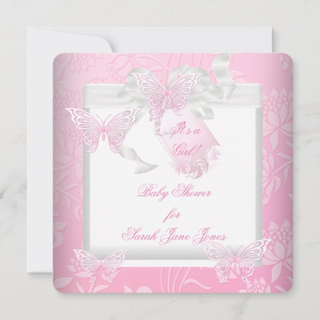 Pretty Baby Shower Girl Pink White Butterfly Invitation (Front)