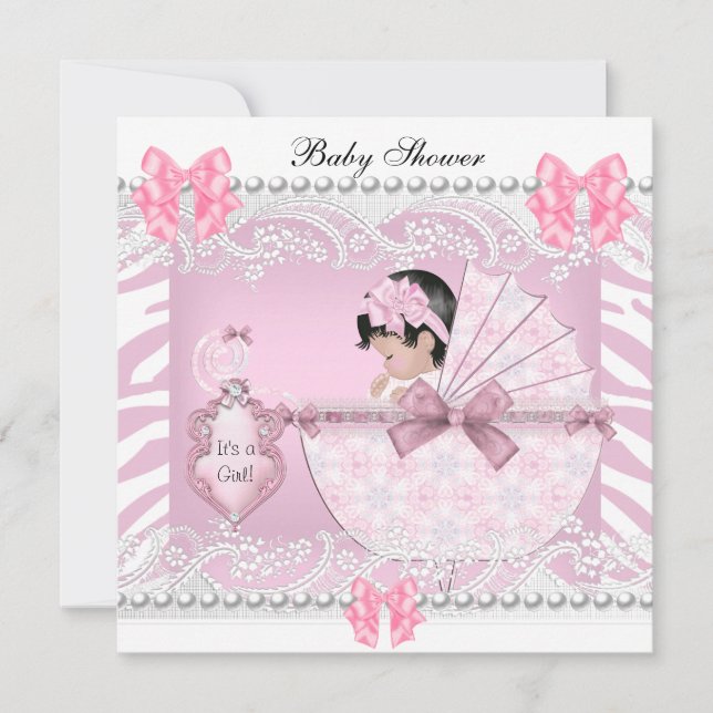 Pretty Baby Shower Zebra Baby Girl Pink Lace Invitation (Front)