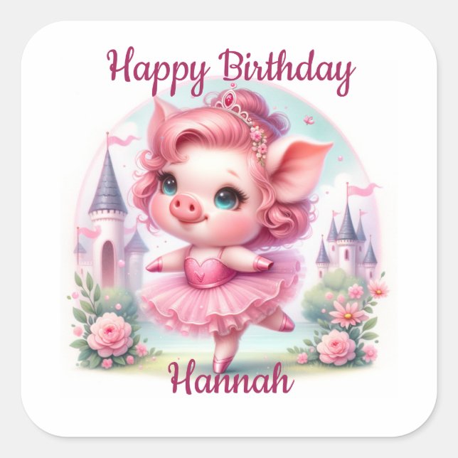 Pretty Ballerina Pig with Castle Square Sticker (Front)