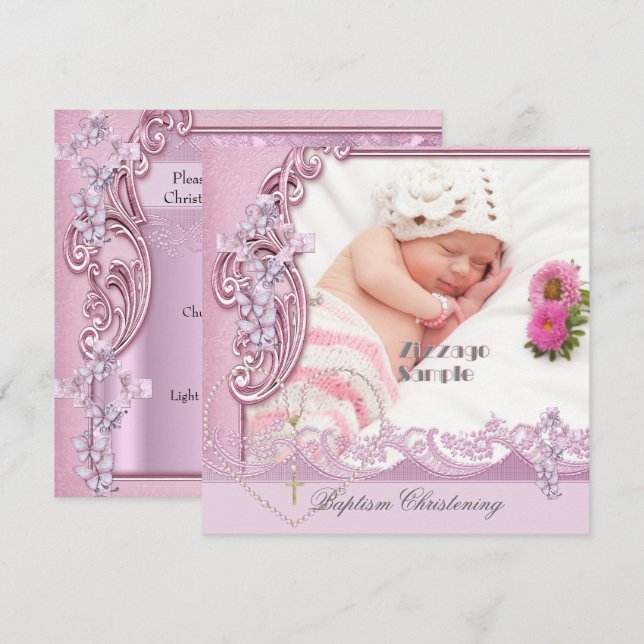 Pretty Baptism Pink Girl Photo Butterfly Lace Invitation (Front/Back)