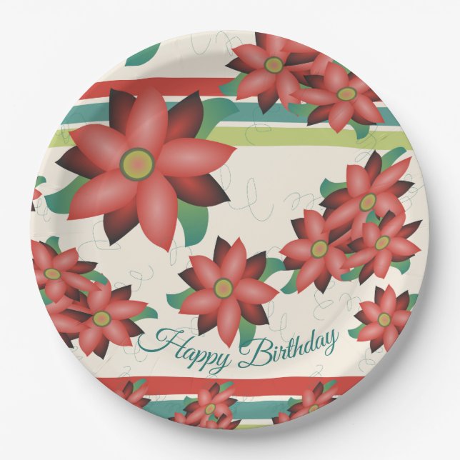 Pretty Barn Red  Flowered Paper Birthday Decor Plate (Front)