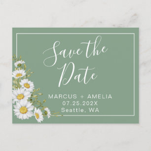 Pretty Basil Green & White Daisies Announcement Postcard