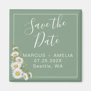 Pretty Basil Green & White Daisies Save The Date  Magnet