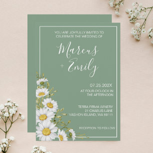Pretty Basil Green & White Daisies Wedding  Invitation