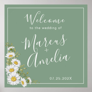 Pretty Basil Green & White Daisies Wedding Poster