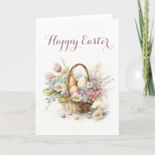 Pretty Basket of Eggs and Flowers Easter Holiday Card