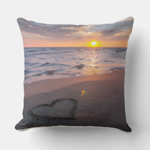 Pretty Beach Sunset Heart Throw Pillow