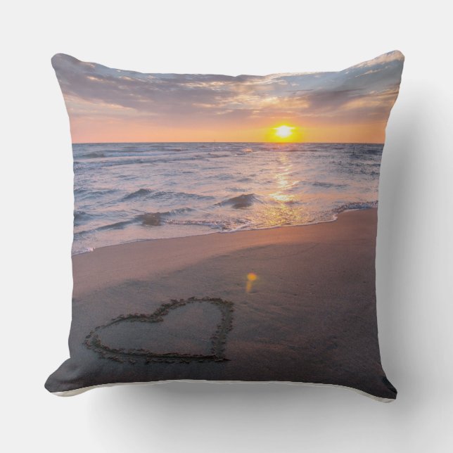 Pretty Beach Sunset Heart Throw Pillow (Front)