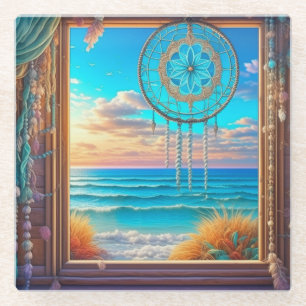 Pretty Beachy Dreamcatcher on Window  Glass Coaster