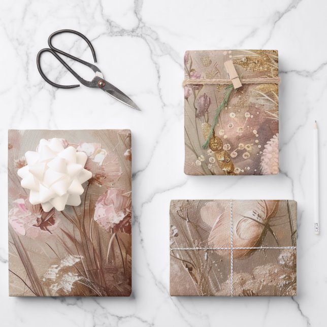 Pretty Beige Blush Boho Floral  Wrapping Paper Sheet (Front)