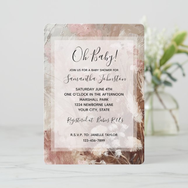 Pretty Beige Blush Pink Boho Floral Baby Shower Invitation (Standing Front)