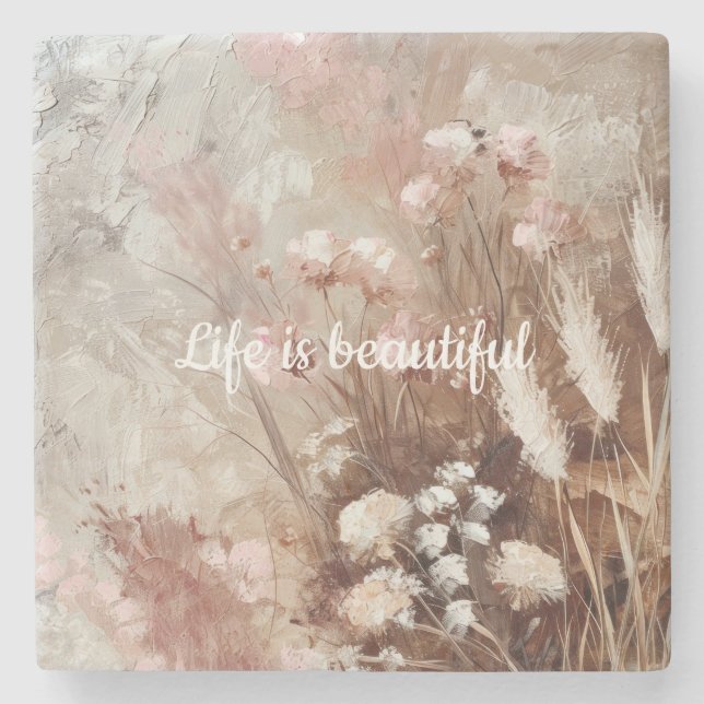 Pretty Beige Blush Pink Boho Floral  Stone Coaster (Front)