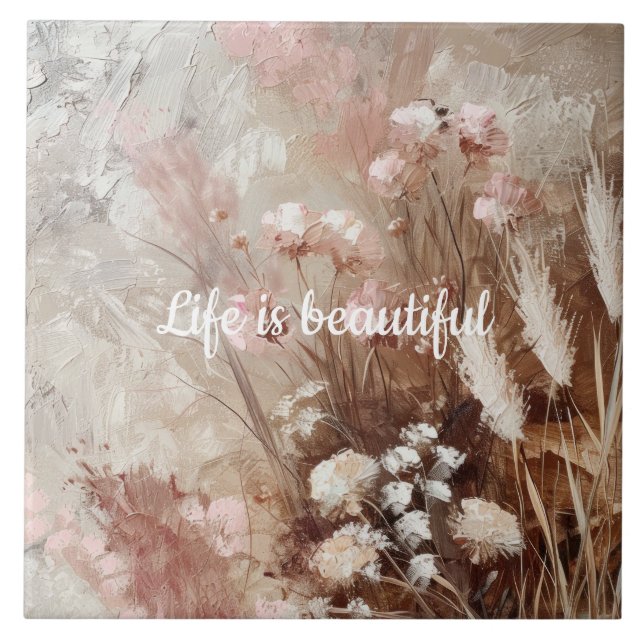 Pretty Beige Blush Pink Boho Floral  Tile (Front)