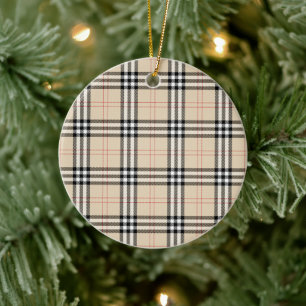 Pretty Beige Plaid Tartan Ceramic Tree Decoration