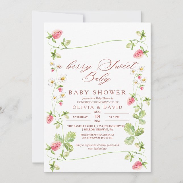 Pretty Berry Sweet  Strawberry Baby Shower  Invitation (Front)