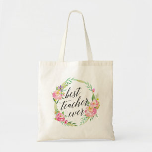 Pretty Best Teacher Ever Floral Wreath Tote Bag