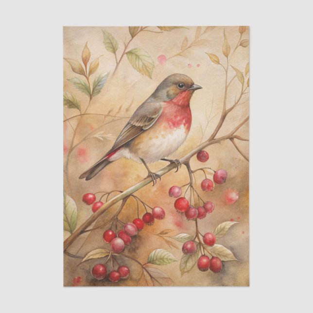 Pretty Bird Perched on a Branch with Red Berries Tissue Paper (Front)