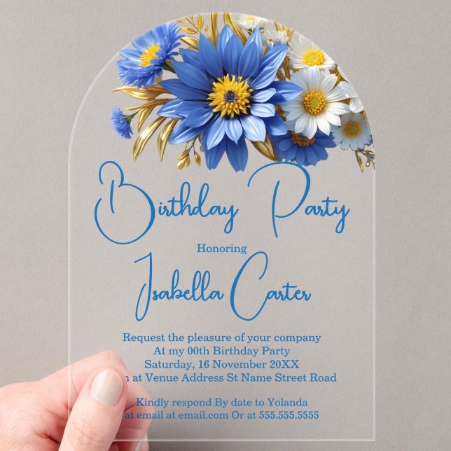 Pretty Birthday Blue White Gold Flowers Acrylic Invitations (Creator Uploaded)