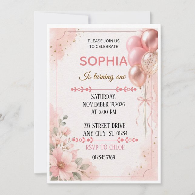 Pretty Birthday Invitation Instant Download (Front)