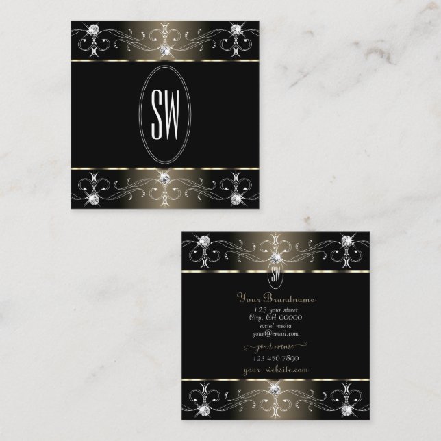Pretty Black and Beige Ornate Ornaments Monogram Square Business Card (Front/Back)