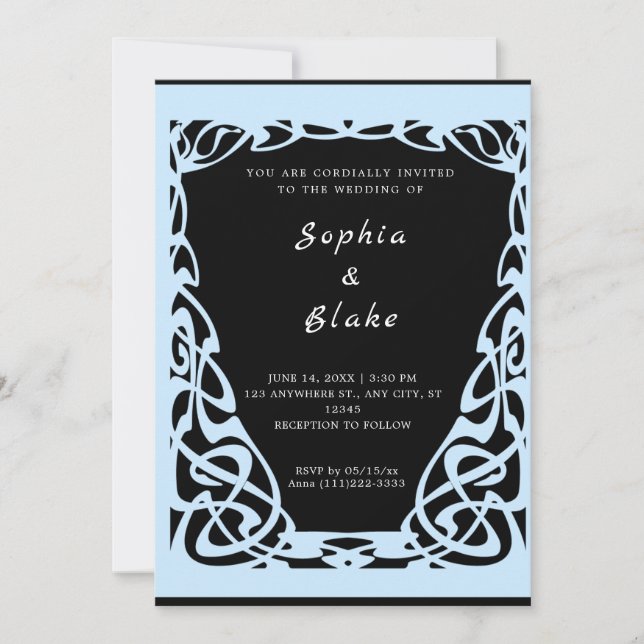 Pretty Black and Blue Art Deco Wedding Invitation (Front)