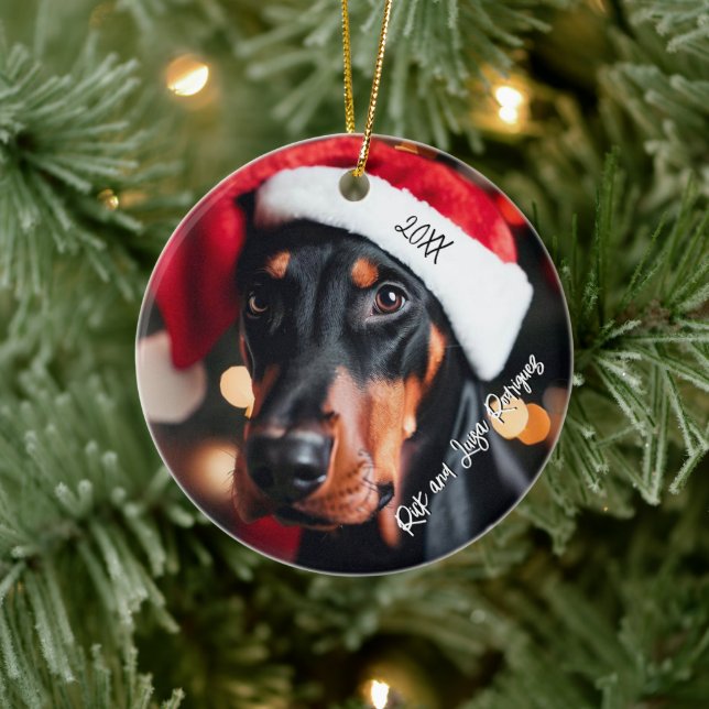 Pretty Black and Tan Doberman with Santa Hat Ceramic Tree Decoration (Tree)