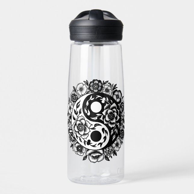 Pretty Black and White Floral Yin Yang Personalise Water Bottle (Front)