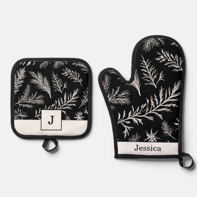 Pretty Black and White Leaf Pattern Chic Kitchen Oven Mitt & Pot Holder Set (Front)