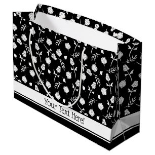 Pretty Black and White Roses Rosebud Floral Print Large Gift Bag